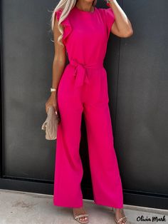 Olivia Mark - High-waisted Cinched Waist Jumpsuit with Belted Design - Full-length Trousers Straps Jumpsuit, Solid Color Jumpsuits, Belt Jumpsuit, Jumpsuit Elegant, Jumpsuit With Sleeves, Jumpsuit Trousers, Casual Look, Basic Style, Casual Fall