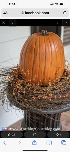 a pumpkin sitting on top of a bird's nest