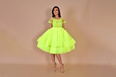 Neon Tulle Dress/ Party Neon Dress/ Festival Neon Dress/ Fancy Clothes/ Tulle Gown/ Neon Summer Dress/ Neon Dress Short Sleeve Tulle Skirt Party Dress, Short Sleeve Tulle Party Dress, Sheer Ball Gown Dress For Party, Sheer Ball Gown For Party, Party Dresses With Full Organza Skirt, Party Dress With Full Organza Skirt, Party Dress In Organza With Full Skirt, Summer Party Dress With Full Skirt, Green Sheer Party Dress