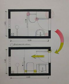 two drawings showing the different areas of a bathroom