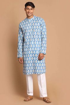 MEN'S BLUE DIGITAL FLORAL PRINTED KURTA WITH PANT SET Blue And White Top, Dresses For Men, Blue White Top, Mens Clothing Store, Indian Wedding Dresses