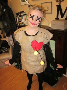 Cute. DIY: Voodoo Halloween Costume. by kara Vodoo Costumes Diy, Voodoo Halloween Costume, Diy Voodoo Doll, Diy Voodoo Doll Costume, Voodoo Doll Makeup, Diy Voodoo Dolls