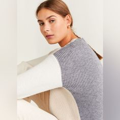 White Tan Grey Colorblock Sweater. No Flaws, Never Worn White Contrast Color Top For Loungewear, White Tops With Contrast Color For Loungewear, White Tops With Contrast Panels For Fall, White Color Block Tops For Loungewear, Lurex Sweater, Women's Cardigans, Colorblock Sweater, Puff Sleeve Sweater, Burgundy Sweater