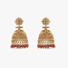 Gargi Antique Jhumki Earrings Festive Dual-tone Earrings For Puja, Red Jhumkas With Intricate Design For Diwali, Red Temple Jewelry Chandbalis With Intricate Design, Festive Red Jhumkas With Intricate Design, Red Bollywood Jhumkas With Intricate Design, Red Chandbali Jhumkas With Intricate Design, Red Kundan Jhumkas With Intricate Design, Diwali Temple Jewelry Dual-tone Jhumkas, Antique Gold Earrings