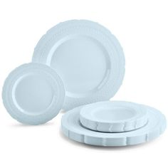 white dinnerware set with two plates and one plate in the middle, on a white background