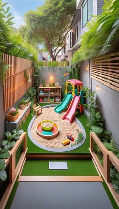 an outdoor play area with slides and toys in the back yard, surrounded by greenery