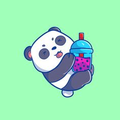 a panda bear holding a cup with a drink in it