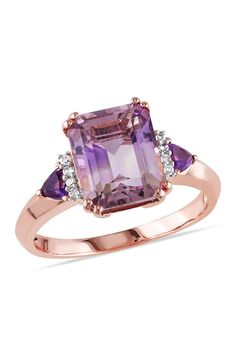 Ametrine and amethyst with a diamond trim add sparkle and shine to a ring plated in pink for a pop of color. Total diamond weight: 0.04ct. Clarity: I2–I3
 Color: G–H
 Pink rhodium plate sterling silver/diamond/ametrine/amethyst Imported Diamond Guide Purple Diamond Ring, Rings Purple, Purple Amethyst Ring, Diamond Accent Ring, Amethyst And Diamond Ring, Purple Diamond, Diamond Fashion Rings, Vintage Style Rings, Purple Jewelry