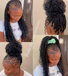 Hair Braiding Styles Black Women Natural Hair, Braided Cornrow Hairstyles With Curls At The End, Feed In Braids With Box Braids, Natural Braided Ponytail Hairstyles, African Braids Hairstyles Cornrows Updo, Updo Braids For Black Hair Ponytail, Feed In Braids Hairstyles For Kids, Kids Braided Updo Hairstyles, African Hair Braiding Styles For Kids