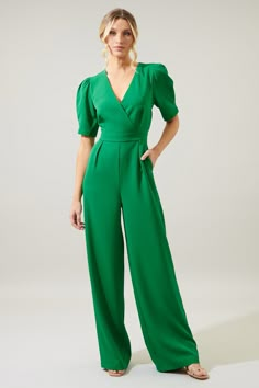 Go Getter Wide Leg Surplice Jumpsuit – Sugarlips Wide Leg Jumpsuit Formal, Wide Leg Jumpsuit Outfit, Semi Formal Outfits For Women, Classy Jumpsuit Outfits, Shirred Sleeve, Jumpsuit For Wedding Guest, Rehearsal Dinner Outfits, Semi Formal Outfit, Classy Jumpsuit