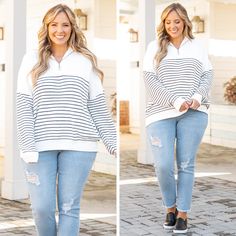 fb-feed White Tops With Striped Hem For Fall, White Tops With Contrast Stripes For Layering, Chic Look, As It Was, Model Fits, Solid Tops, White Sweaters, Classic White, Stripes Pattern