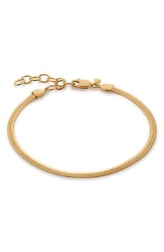 A jewelry-box staple that's anything but basic, this snake-chain bracelet plated in recycled 18-karat gold can be worn by itself or paired with other styles. Exclusive US retailer 6 1/2"–7 3/4" adjustable inner circumference; 1/8" width Sterling silver/recycled 18k-gold plate Imported This brand is certified with the Butterfly Mark, which identifies luxury brands that adhere to social and environmental best practices This brand meets Nordstrom Responsible Brands criteria: brand adheres to respon Modern Gold Snake Chain Bracelet, Modern Yellow Gold Snake Chain Bracelet, Tarnish Resistant Snake Chain Bracelet, Modern Gold Bracelet In Snake Chain Style, Modern Everyday Snake Chain Bracelet, Gold Plated Snake Chain Bracelet, Classic Flexible Snake Chain Jewelry, Gold Snake Chain Bracelet With Adjustable Chain, Classic Adjustable Snake Chain Bracelet