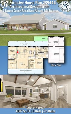 two story house plan with 3 bedroom and 2 bathrooms in the front, an open floor plan