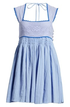 A lacy bodice gives way to a twirlable skirt in a cotton minidress that's ready for the sunny season. 24" length (size Small) Ties at neck Square neck Cap sleeves 100% cotton Machine wash, line dry Imported Cute Casual Outfits Dress, Blue Free People Dress, Light Blue Gameday Outfit, Light Blue Babydoll Dress, Pref Outfit Sorority Recruitment, Southern Boutique Outfits, Costal Granddaughter Dress, Blue And White Mini Dress, Cute Clothing Pieces