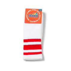 White athletic socks with three red stripes for men, women and kids. Red Stretch Sporty Socks, Red Casual Sports Socks, Red Socks Baseball, Fitted Red Cotton Socks, Burning Inside, Sporty Red Cotton Socks, Fire Burning, Modern Tech, Tube Socks