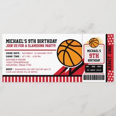 a ticket for a basketball birthday party