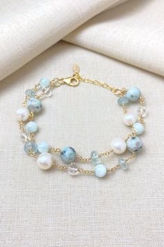 Pale Mint Green Layered Bracelet in Gold - Marshcreekjewelry Bracelet Jewelry Design, Handmade Beaded Jewelry Diy, Cute Handmade Bracelets, Gem Bracelets, Crystal Beaded Bracelets, Green Moonstone, Beaded Bangles, Pale Mint Green, Jewelry Making Classes