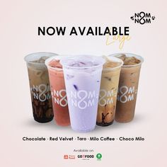 three different types of drinks in plastic cups with the words now available latte on them