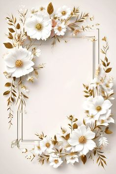 white flowers and gold leaves are arranged in the shape of a square frame on a beige background