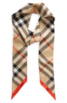 A scaled-up version of the famed check boldly patterns this twilly scarf made in Italy from silk twill. 70 1/2" x 3" 100% silk Dry clean Made in Italy Designer Silk Scarves For Fall, Luxury Silk Scarves For Work, Twilly Scarf, Silk Twill Scarf, Twilly, Silk Twill, Burberry, Personal Style, In Italy