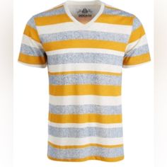 Nwt American Rag Men's V-Neck Striped T-Shirt, Created For Macy's Classic Fit V-Neck Created For Macy's Cotton/Polyester Machine Washable Imported Casual Yellow V-neck Top, Striped Cotton V-neck T-shirt, Red Striped Shirt, Unisex Baby Clothes, Clothing Tags, Preschool Outfits, Striped T Shirt, Horizontal Stripes, American Rag