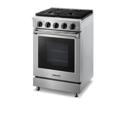 a stainless steel stove with four burners on the front and two oven doors open