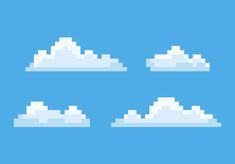 four pixelated clouds in the sky with blue skies and white fluffy clouds above them