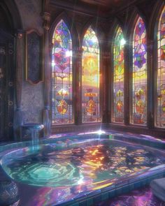 a room with stained glass windows and a fountain