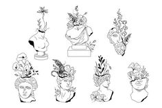 an image of vases with flowers and plants in them on a white paper background