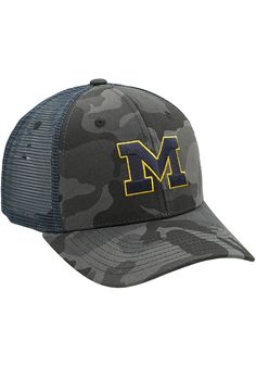 Let your little Michigan fan cheer for his or her favorite team with this Michigan Wolverines Black Youth Adjustable Hat. This adjustable hat features a front embroidered team logo, and is designed for a comfortable, all-day fit. Go Michigan! Zephyr Lil Smokey Hat, Front tonal team logo, Team color pop around logo, Black camo front crown and visor, Contrast team color meshback, Polyester, Wipe clean with cloth or cleaning kit, 4 Collegiate Trucker Hat With Curved Bill For Sports, Collegiate Curved Bill Trucker Hat For Sports, Collegiate Sports Trucker Hat With Visor, Collegiate Trucker Hat With Visor For Sports, Collegiate Style Trucker Hat With Visor For Sports, Team Gear, Michigan Wolverines, Black Camo, Logo Black