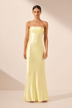 La Lune Strapless Ruched Bodice Maxi Dress | Lemon | Dresses | Shona Joy Simple Prom Dress Strapless, Flowy Floor Length Dress, Deb Ball Guest Dresses, Strapless Yellow Prom Dress, Yellow Strapless Prom Dress, Long Silk Yellow Dress, Pastel Yellow Bridesmaid Dresses Long, Pastel Yellow Long Dress, Bandeau Prom Dress