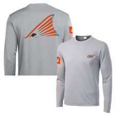 a long sleeved shirt with an orange and blue design on the chest, in front of