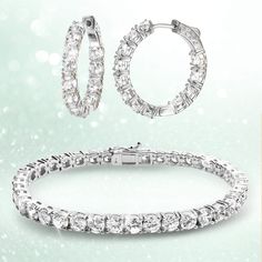 Every lady should own a tennis bracelet and matching earrings. These classic pieces of jewelry are just the right, believable size. Crafted from the finest sterling silver, plated and expertly set with white Diamondeau®, flawless simulated diamond. Flawless and completely adaptable to suit any outfit. The perfect combination. Elegant Silver Tennis Bracelet With Channel Set, Elegant Silver Tennis Bracelet Channel Set, Classic Channel Set Cubic Zirconia Jewelry, Elegant Silver Channel Set Tennis Bracelet, Classic Silver Cubic Zirconia Jewelry Sets, Classic Diamond Jewelry Sets With Sparkling Stones, Fine Jewelry Cubic Zirconia Tennis Bracelet Channel Set, Channel Set Cubic Zirconia Tennis Bracelet, Anniversary Jewelry Sets With Prong Setting