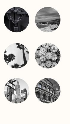 black and white photograph of various clocks in different locations around the world, with palm trees