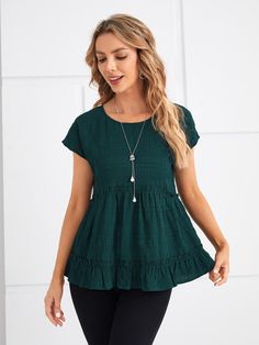 Batwing Sleeve Ruffle Hem Blouse | EMERY ROSE Ruffle Hem Blouse, Peplum Styling, Hem Blouse, Blouse Short Sleeve, Batwing Sleeve, Green Fashion, Short Sleeve Blouse, Ruffle Hem, Ponchos