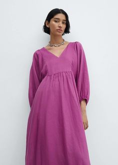 Ramie puff sleeve dress -  Women | Mango USA Billowy Lantern Sleeve Dresses For Brunch, Chic Bishop Sleeve Dresses For Daywear, Spring V-neck Dress With Blouson Sleeves, Casual Dress With Bishop Pleated Sleeves, Casual V-neck Puff Sleeve Dress For Daywear, Chic V-neck Dress With Elastic Sleeves, Mango Dress Outfit, Casual Bishop Sleeve Dress With Gathered Sleeves, Chic Billowy Dress With Lantern Sleeves