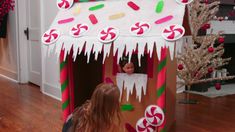 Turn Playhouse Into Gingerbread House, Large Cardboard Gingerbread House Diy, Cardboard Gingerbread House Lifesize, Gingerbread House From Playhouse, Cardboard Gingerbread Playhouse, Christmas Parade Floats, Gingerbread House Parties