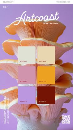 the cover of artcoast magazine with mushrooms on it's side and color swatches