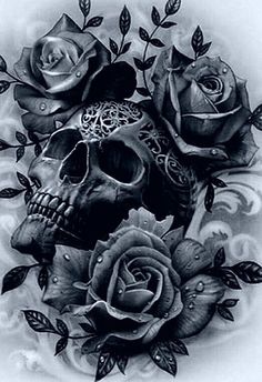 a skull and three roses tattoo design