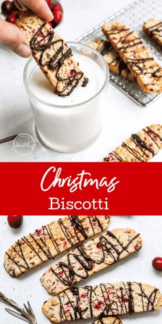 christmas biscotti with chocolate drizzled on top and cranberries in the background