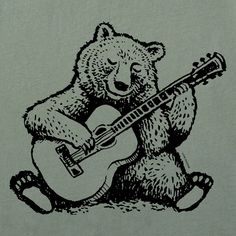 a black and white drawing of a bear playing a guitar