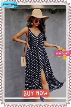 Spring Polka Dot Spaghetti Strap Dress Women Casual V Neck Holiday Style Bandage Dress Ladies High Wasit Summer Dresses Polka Dot Spaghetti Strap Vacation Dress, Polka Dot Summer Dress With Spaghetti Straps, Polka Dot Sundress With Spaghetti Straps, Summer Dress With Polka Dot And Spaghetti Straps, Summer Polka Dot Dress With Buttons, Polka Dot Summer Dress With Buttons, Spaghetti Strap Dress, Holiday Style, Color Pick