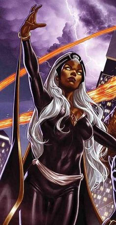 an illustration of a woman with white hair and lightning in the background, holding her hands up