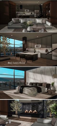 three different views of a living room with couches, tables and fireplace in it