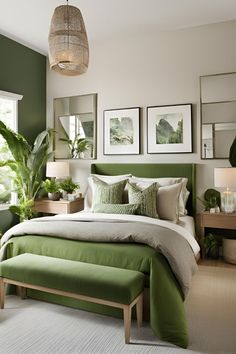 a bedroom with green walls and pictures on the wall above the bed, along with a bench