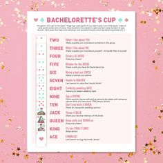 bachelorette's cup game with pink and gold confetti on the side