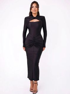 Long Sleeved Pleated Hollowed Out Maxi Dress Stretch Elastane Bodycon Dress With Cutout, Fitted Solid Color Cutout Dresses, Fitted Solid Dress With Cutout, Fitted Solid Color Dress With Cutout, Solid Color Fitted Dress With Cutout, Stretch Midi Dress With Cutout For Evening, Stretch Cutout Midi Dress For Evening, Fitted Cutout Midi Dress For Date Night, Fitted Cutout Elastane Bodycon Dress