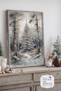 a painting on a mantle with candles and christmas decorations