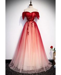 10% off now! Buy ombre red off shoulder tulle long prom dress at cheap price online. Free stable shipping and pro custom service since 2009. Cute Prom Dresses Red, Medieval Style Dress, Gothic Red Dress, Red And White Gown, Red Fantasy Dress, Beautiful Gowns Princesses, Ombre Dresses, White And Red Dress, Lotus Dress