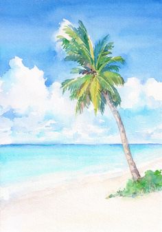 a watercolor painting of a palm tree on the beach with blue sky and clouds